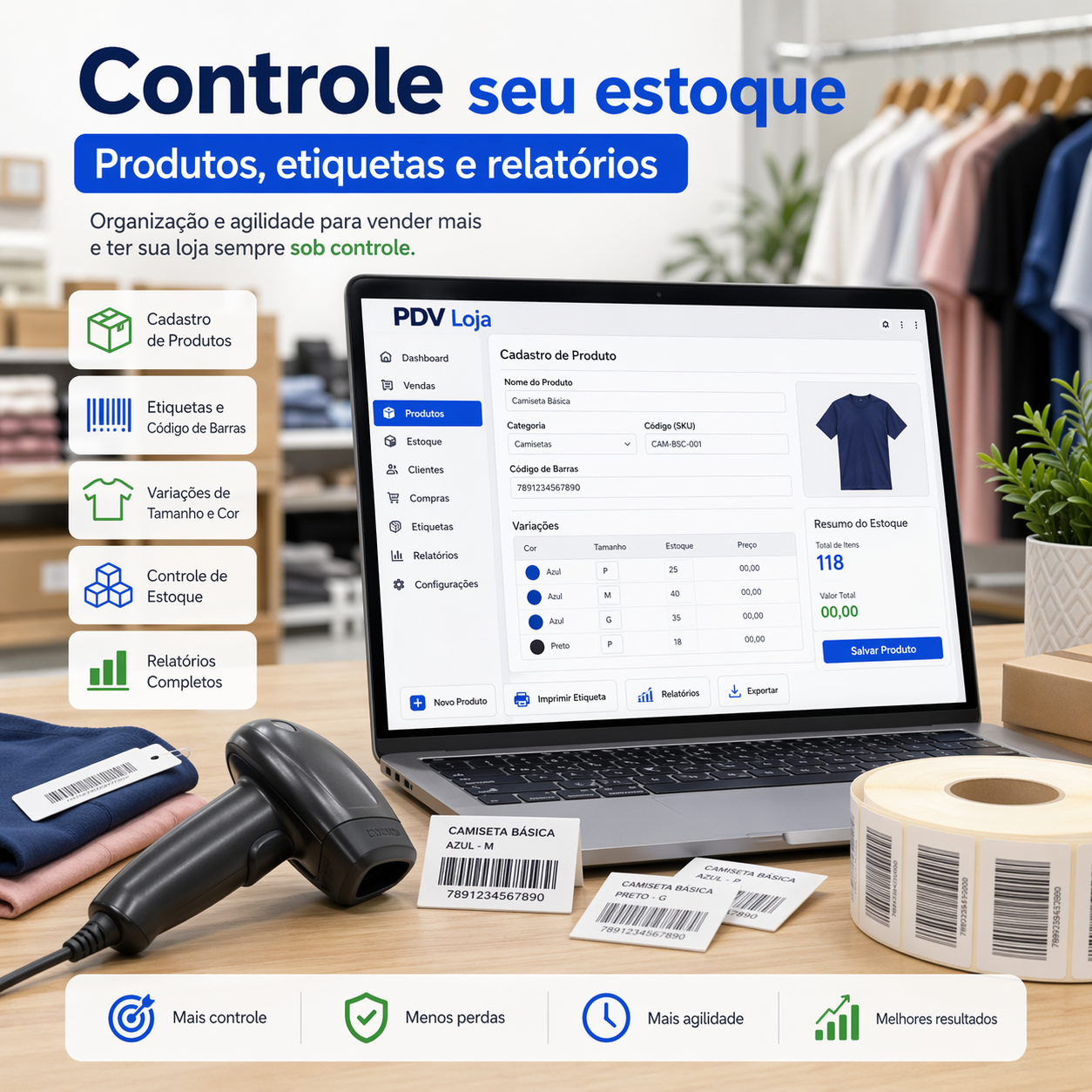 Tela do PDV Loja com foco em estoque, etiquetas e relatórios
